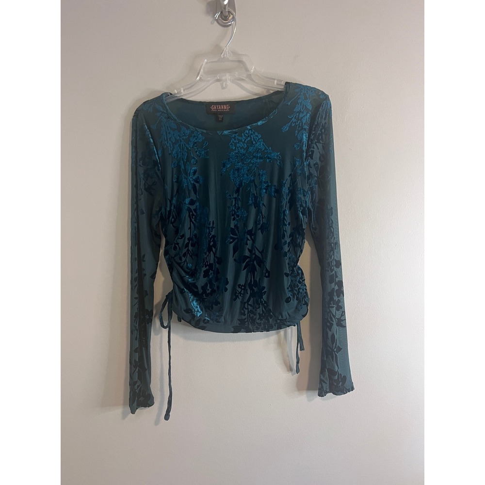 Shyanne Teal Green Burnout Velvet Floral Mesh Long Sleeve Cinch Side Top Medium